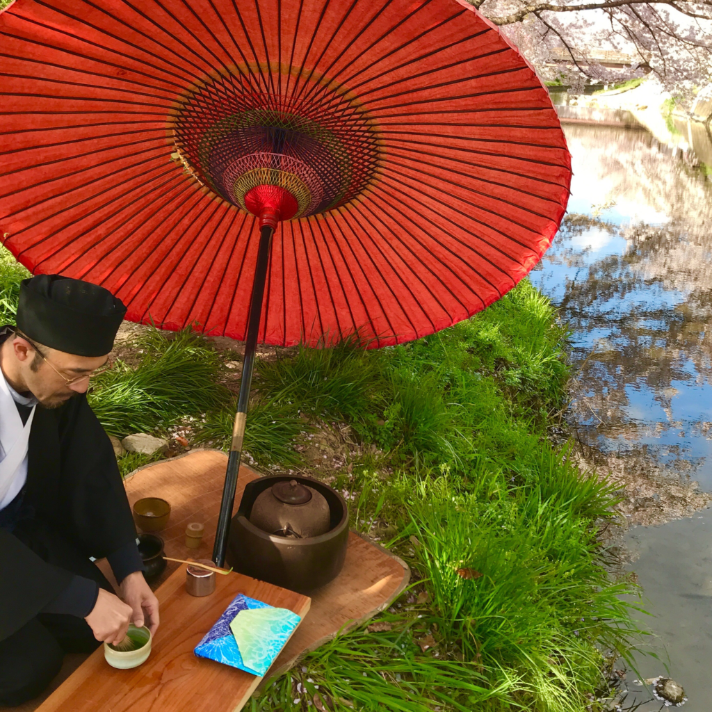 奈良　nara 三五夜　桜　さくら　花見　佐保川　茶道　茶の湯　野点　野立て　抹茶　春　春の小川　JR奈良駅　徒歩　2分　三網田　茶道教室　表千家　数寄屋袋　石賀直之